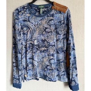LRL‎ Lauren Jeans Co Top Women XL Blue Floral Paisley Long Sleeve Elbow Patches